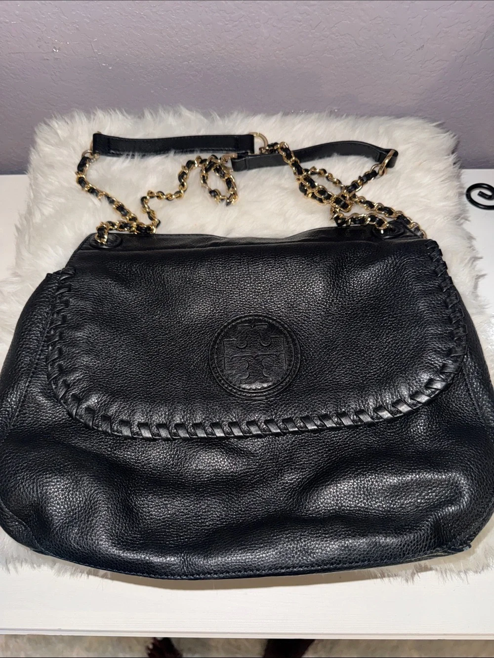 Tory Burch Black Leather Whipstitch Flap Crossbody with Gold Chain